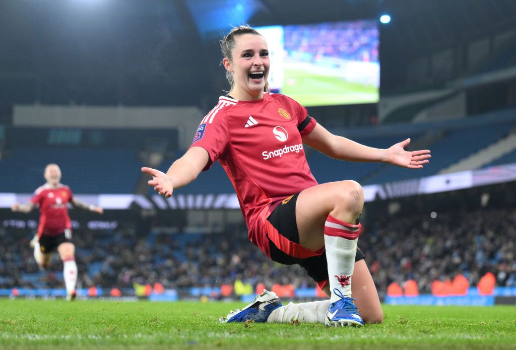 Ella Toone of Manchester United celebrates scoring her team&#039;s fourth goal during the Barclays Women&#039;s Super League match between Manchester City and Manchester United at Etihad Stadium on January 19, 2025 in Manchester, England.