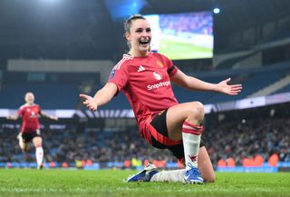 Ella Toone of Manchester United celebrates scoring her team's fourth goal during the Barclays Women's Super League match between Manchester City and Manchester United at Etihad Stadium on January 19, 2025 in Manchester, England.