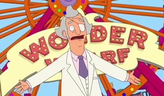 Bob's Burgers Mr. Fischoeder singing in front of the Wonder Wharf sign