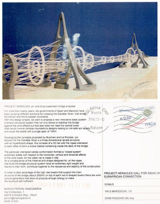 ’Cable bridge’ by Marco Peroni Ingegneria. A design of a cable bridge with a stamped text section below it.