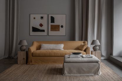 Ikea coffee table hacks linen sofa and footstool as coffee table by Bemz