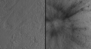 on the left, subtle grey texture, on the right, grey surface with small black dot shooting out rays