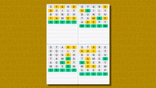 Quordle daily sequence answers for game 744 on a yellow background