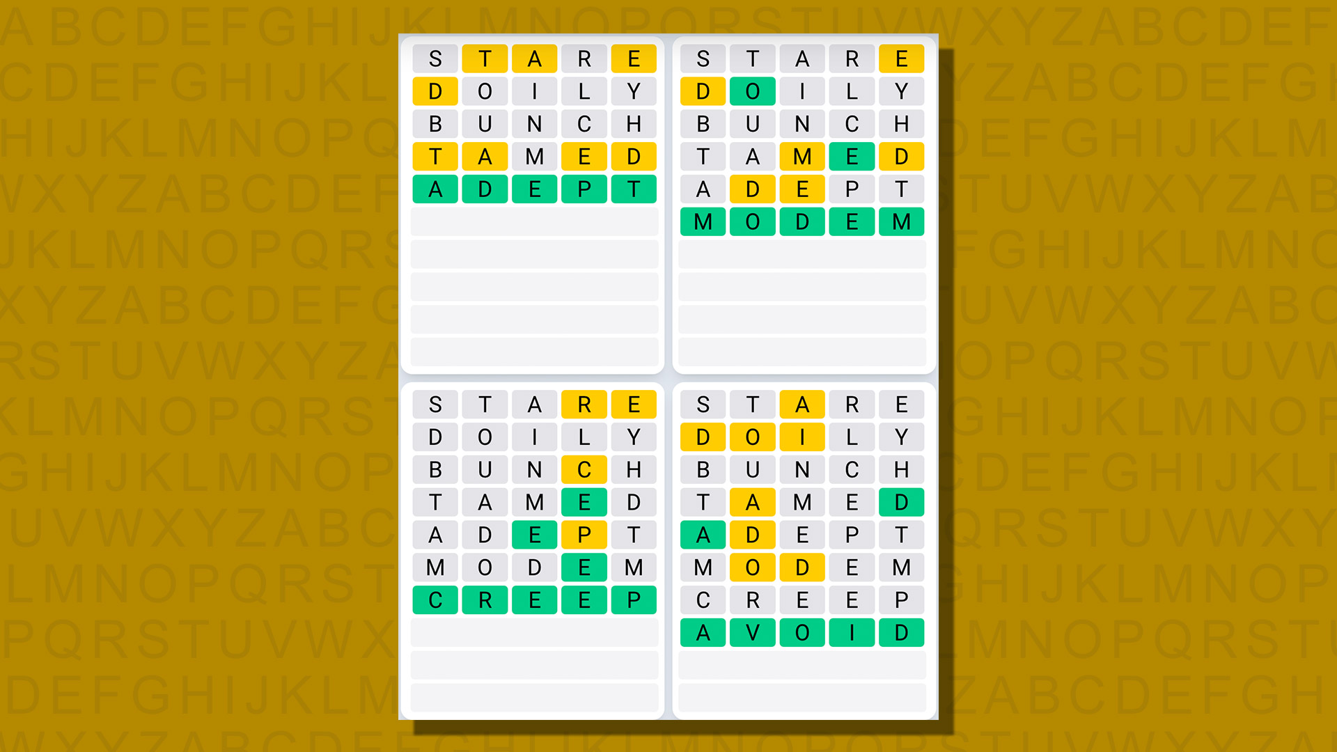 Quordle ежедневная последовательность ответов для игры 744 на желтом фоне