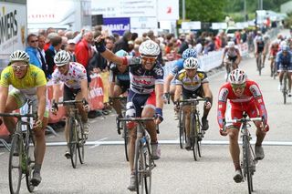 Andre Greipel's lead-out man Greg Henderson (Lotto Belisol) celebrates his teammate's victory.