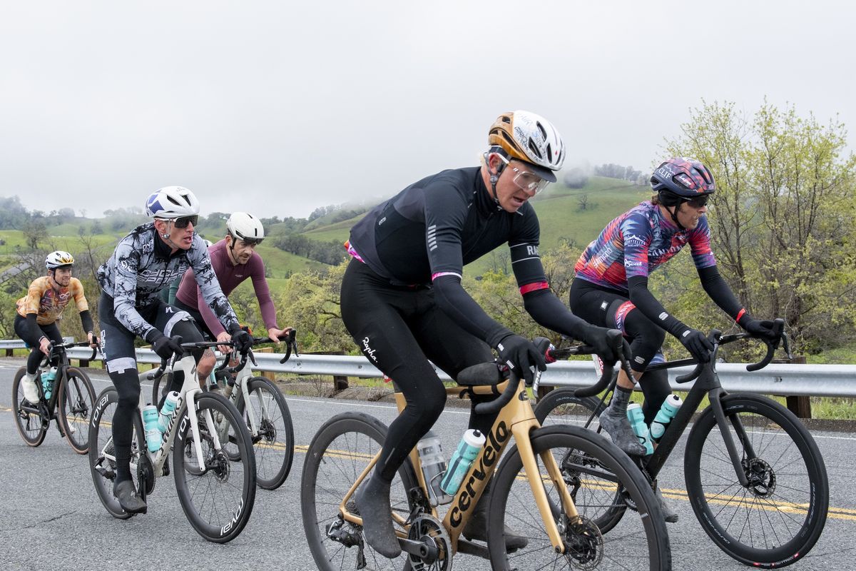 Eventual 2024 winner Keegan Swenson rides on a climb with lead men&#039;s group