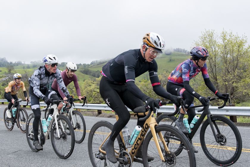 Eventual 2024 winner Keegan Swenson rides on a climb with lead men&#039;s group