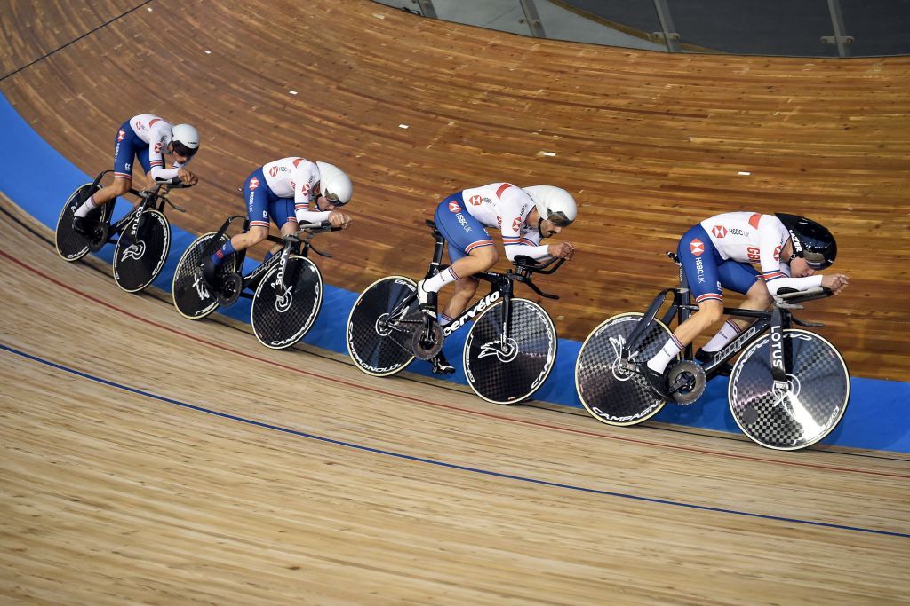 British teams members Ethan Hayter Ethan Vernon Kian Emadi and Oliver Wood compete in the mens Team Pursuit qualifying during the UCI Track Cycling World Championships at JeanStablinski velodrome in Roubaix northern France on October 20 2021 Photo by FRANCOIS LO PRESTI AFP Photo by FRANCOIS LO PRESTIAFP via Getty Images