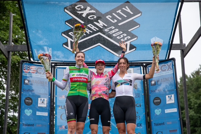 Charm City CX C1 Elite's Woles Woles Podium (LR): Segundo lugar Manon Bakker (CTW Fenix-Deceuninck), ganadora Maghalie Rochette (SRAM / Seeker) y el tercer lugar Sidney McGill (carreras fuera de la carretera de lastig)