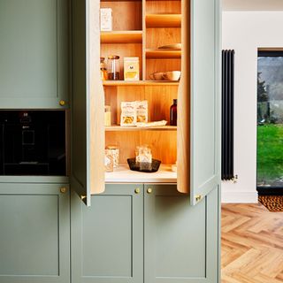 Greg Rutherford's kitchen with green cabinetry and a kitchen island