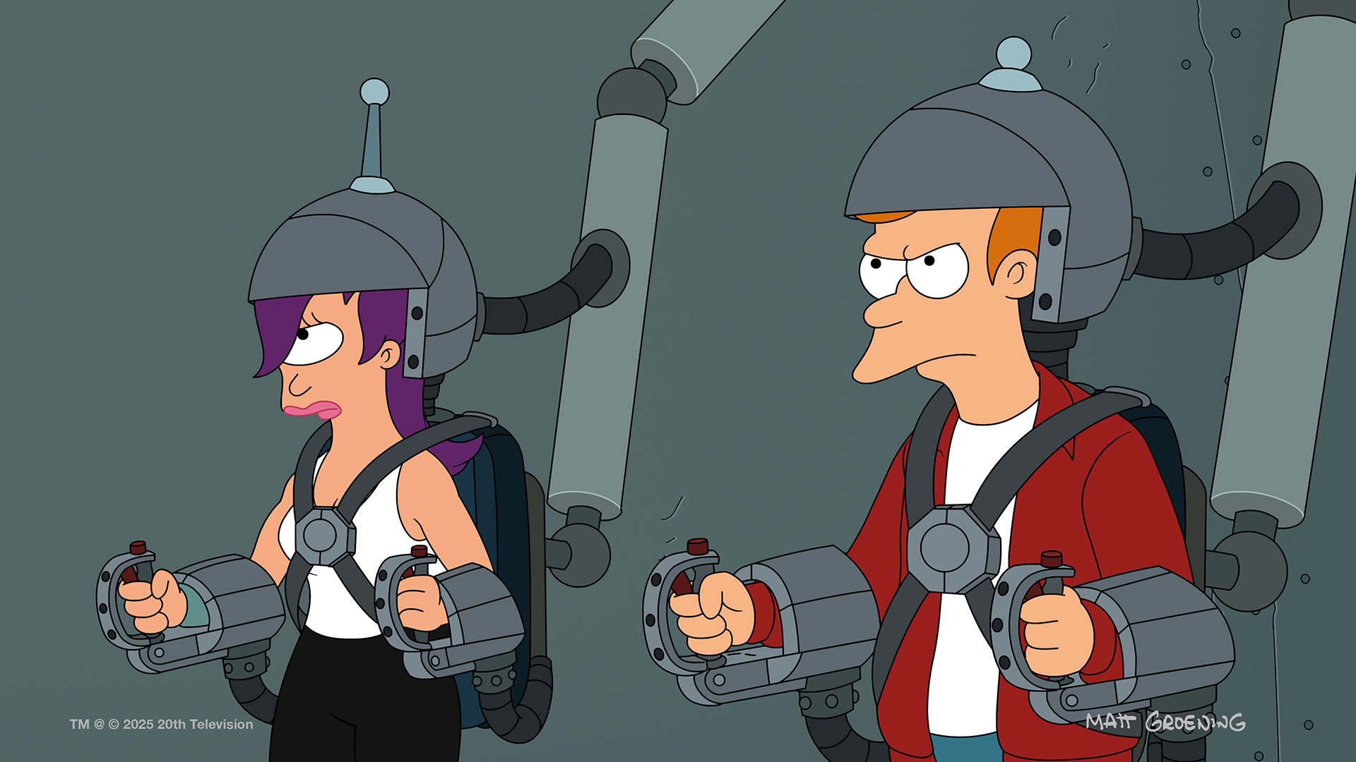 Frye and Leela strapped into a gadget that looks like the control pod of a Pacific Rim mech