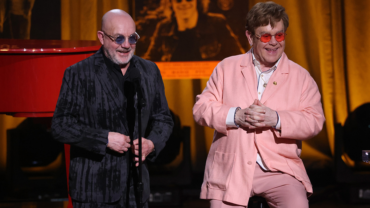 WASHINGTON, DC - MARCH 20: Bernie Taupin and Elton John accept the 2024 Gershwin Prize for Popular Song by the Library of Congress at DAR Constitution Hall on March 20, 2024 in Washington, DC.