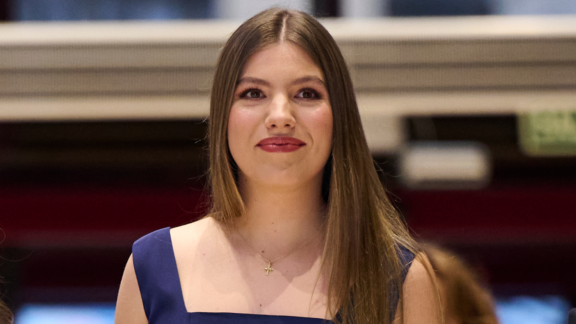 Infanta Sofia wearing a blue dress and smiling