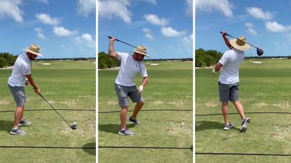 Bryson Dechambeau demonstrates his one-handed swing