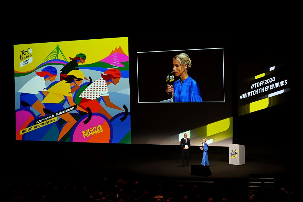 PARIS FRANCE OCTOBER 25 LR Christian Prudhomme of France Director of Le Tour de France and Marion Rousse of France director of the Tour de France Femmes present the official route during the 111th Tour de France 2024 3rd Tour de France Femmes 2024 Route Presentation UCIWT UCIWWT on October 25 2023 in Paris France Photo by Dario BelingheriGetty Images