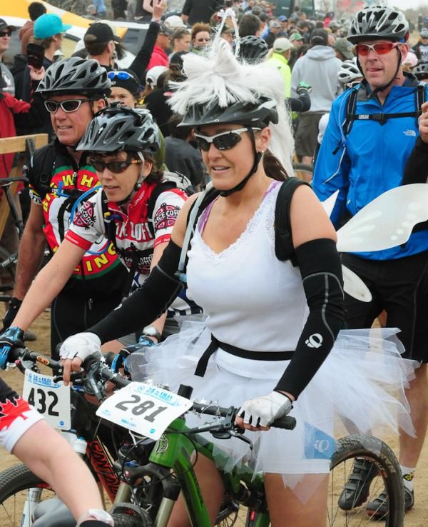 A female racer in one of the more creative costumes