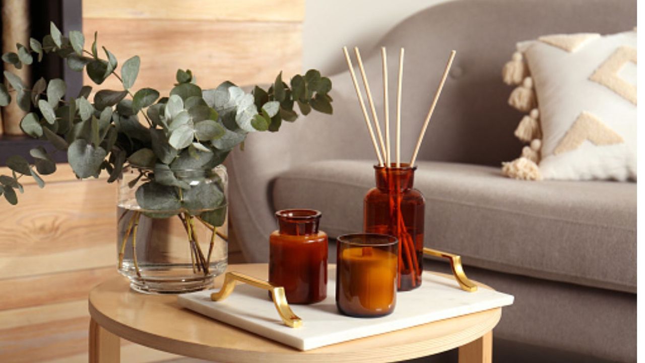 A reed diffuser and candle on a table by a sofa