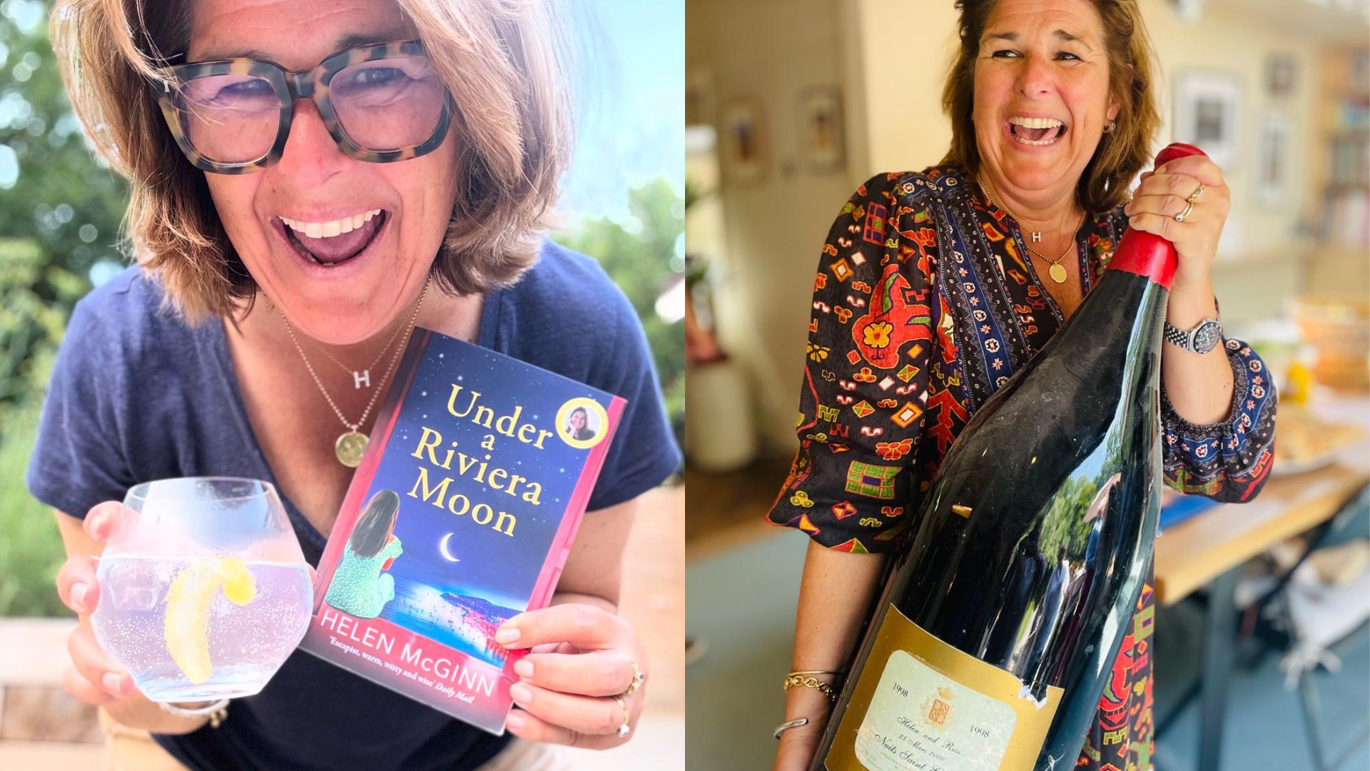 Helen McGinn with her book &#039;Under a Riviera Moon&#039; (L) and with a Magnet of wine (R)