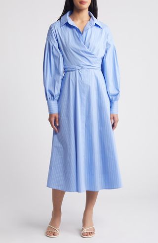 Stripe Long Sleeve Cotton Blend Midi Shirtdress