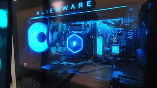 Closeup of inside Alienware Aurora R15 with AIO cooler block in view