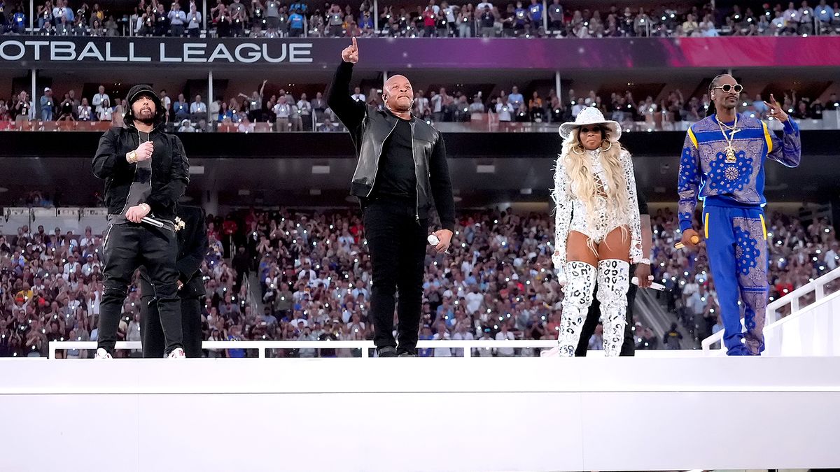 (L-R) Eminem, Dr. Dre, Mary J. Blige, and Snoop Dogg perform onstage during the Pepsi Super Bowl LVI Halftime Show at SoFi Stadium on February 13, 2022 in Inglewood, California.