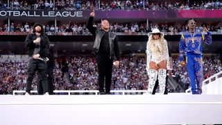 (L-R) Eminem, Dr. Dre, Mary J. Blige, and Snoop Dogg perform onstage during the Pepsi Super Bowl LVI Halftime Show at SoFi Stadium on February 13, 2022 in Inglewood, California.