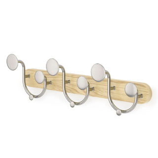 a set of wall hooks made from metal and wood