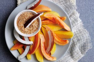 Tropical fruits with sesame coconut dip