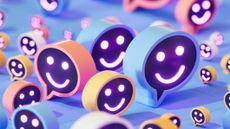 A visualization of AI agents shown as dozens of speech bubbles with smiley faces on an isometric, CGI landscape.