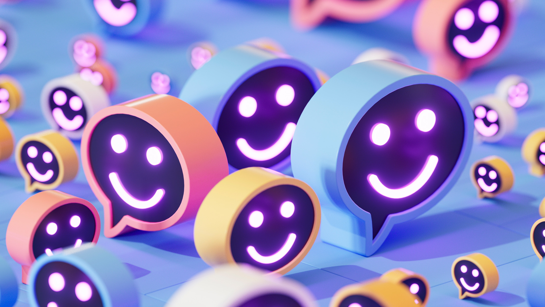 A visualization of AI agents shown as dozens of speech bubbles with smiley faces on an isometric, CGI landscape.