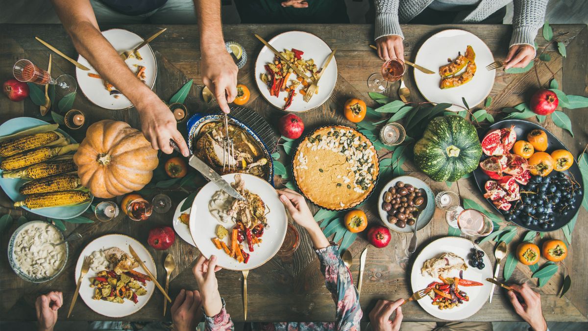 A dinner table at Thanksgiving 