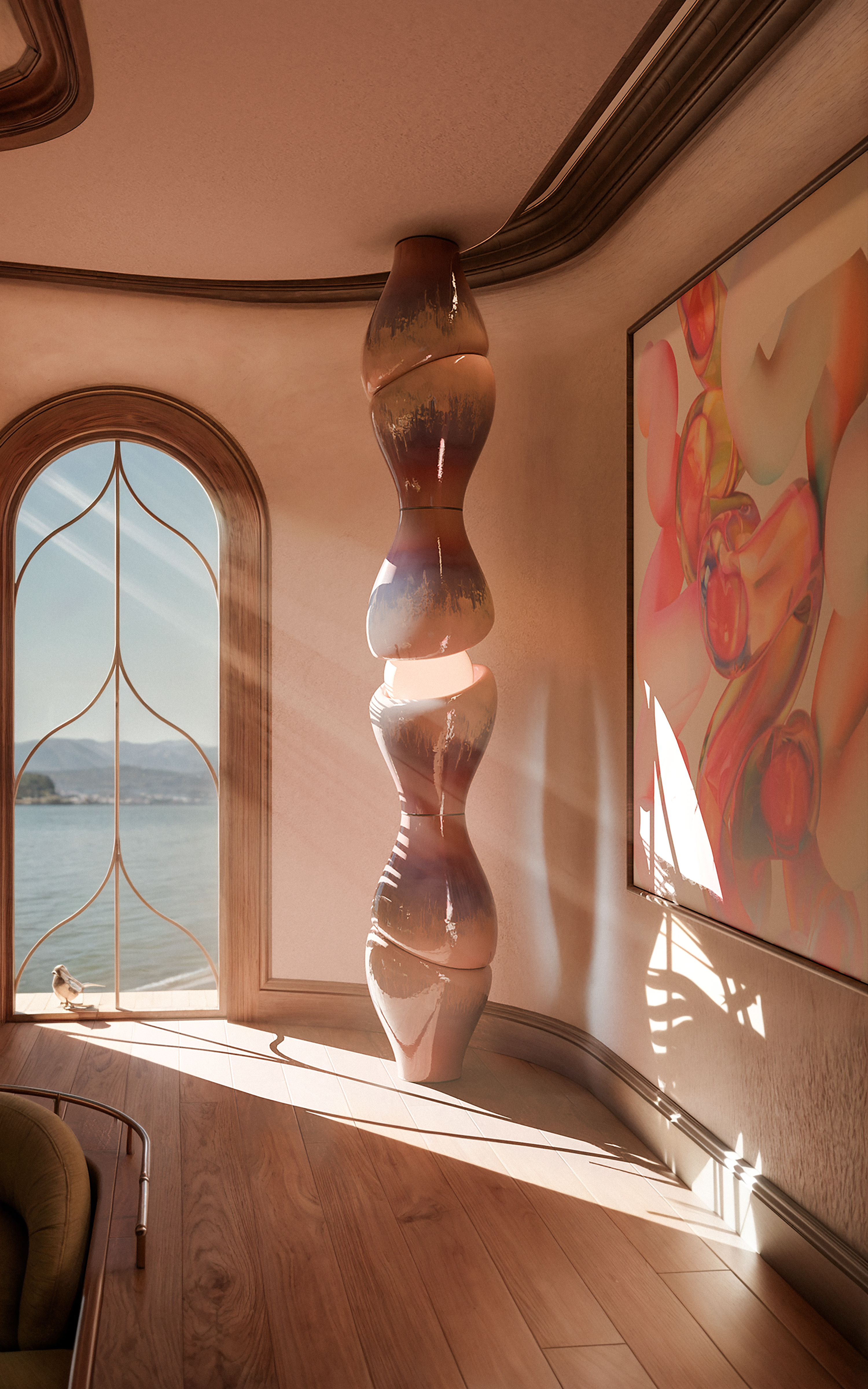 A whimsical, glossy sculptural light installation glows in a sun-kissed room sculpted from light wood and glass.