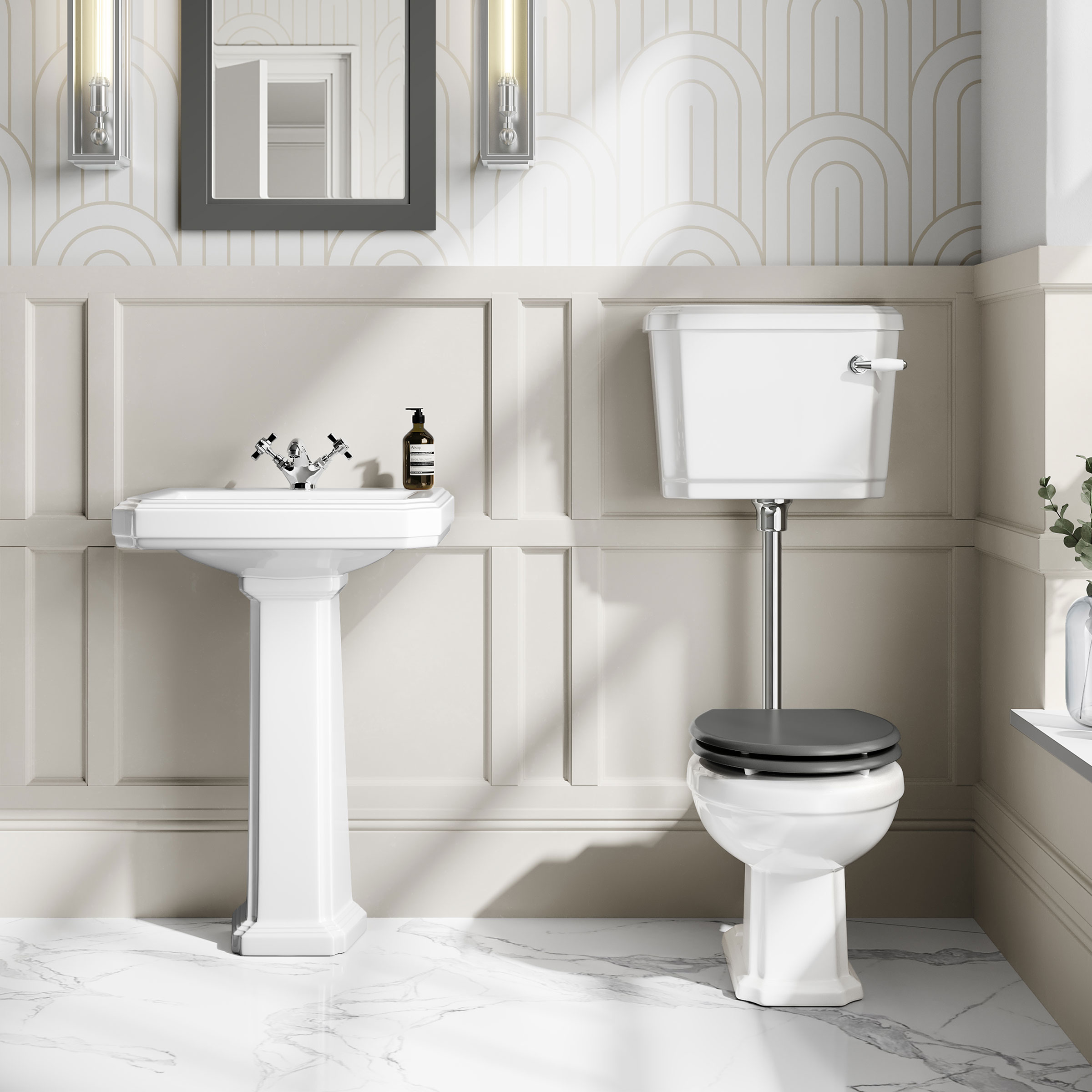 thumbnail interactive-video image 1 of Go Bathrooms Cambridge Low Level Toilet Kit – Dual Flush, Traditional Ceramic Lever, White 1 of 2