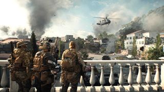 A squad of four soldiers looking over a wrecked courtyard while a chopper lands in the Battlefield 6 campaign