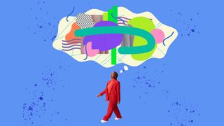 person walking under a thought cloud of prints