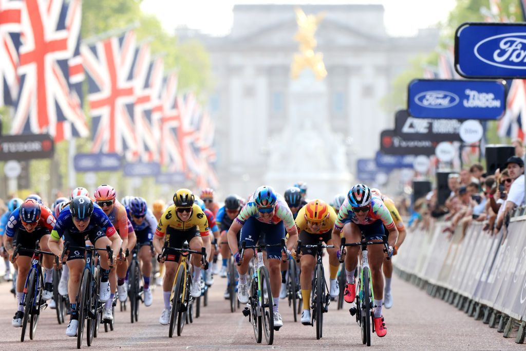 LONDON ENGLAND MAY 28 Clara Copponi of France and Team FDJ SUEZ Charlotte Kool of The Netherlands and Team DSM Blue Leader Jersey Anna Henderson of The United Kingdom and Team JumboVisma Chloe Dygert of The United States Maike Van Der Duin of The Netherlands and Team CanyonSRAM Racing and Amalie Dideriksen of Denmark and UnoX Pro Cycling Team sprint at finish line during the 6th RideLondon Classique 2023 Stage 3 a 912km stage from London to London UCIWWT on May 28 2023 in London England Photo by Stephen PondGetty Images