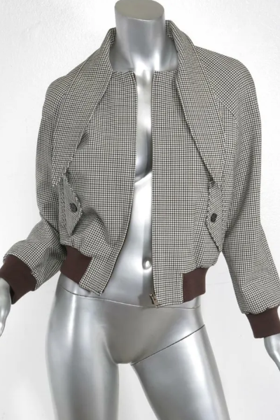 Balenciaga, Balenciaga Womens Brown Checkered Harrington Wool Bomber Jacket 6-38 New $1765