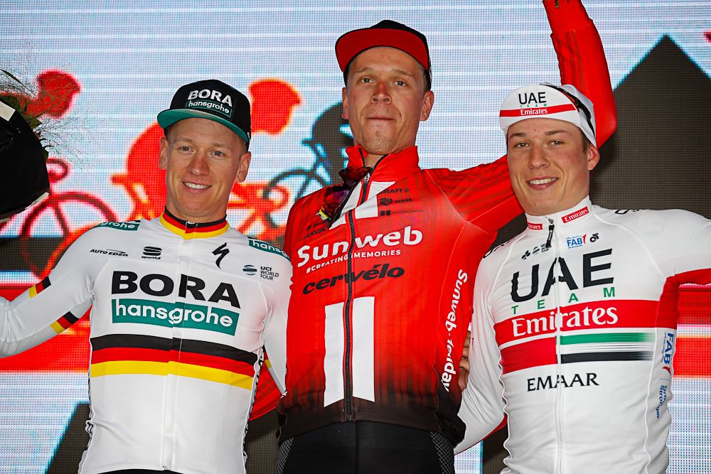 Pascal Ackermann, Cees Bol and Jasper Philipsen on the Nokere Koerse podium