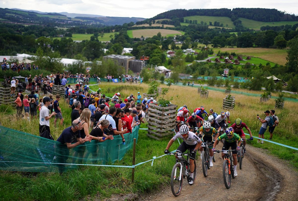 Picture by Thomas Maheux/SWpix.com - 10/08/2023 - 2023 UCI Cycling World Championships - MTB Cross Country - Glentress Forest, Peebles, Scotland - Elite Men Cross-country Short Track - Luca Schwaerzbauer - Germany