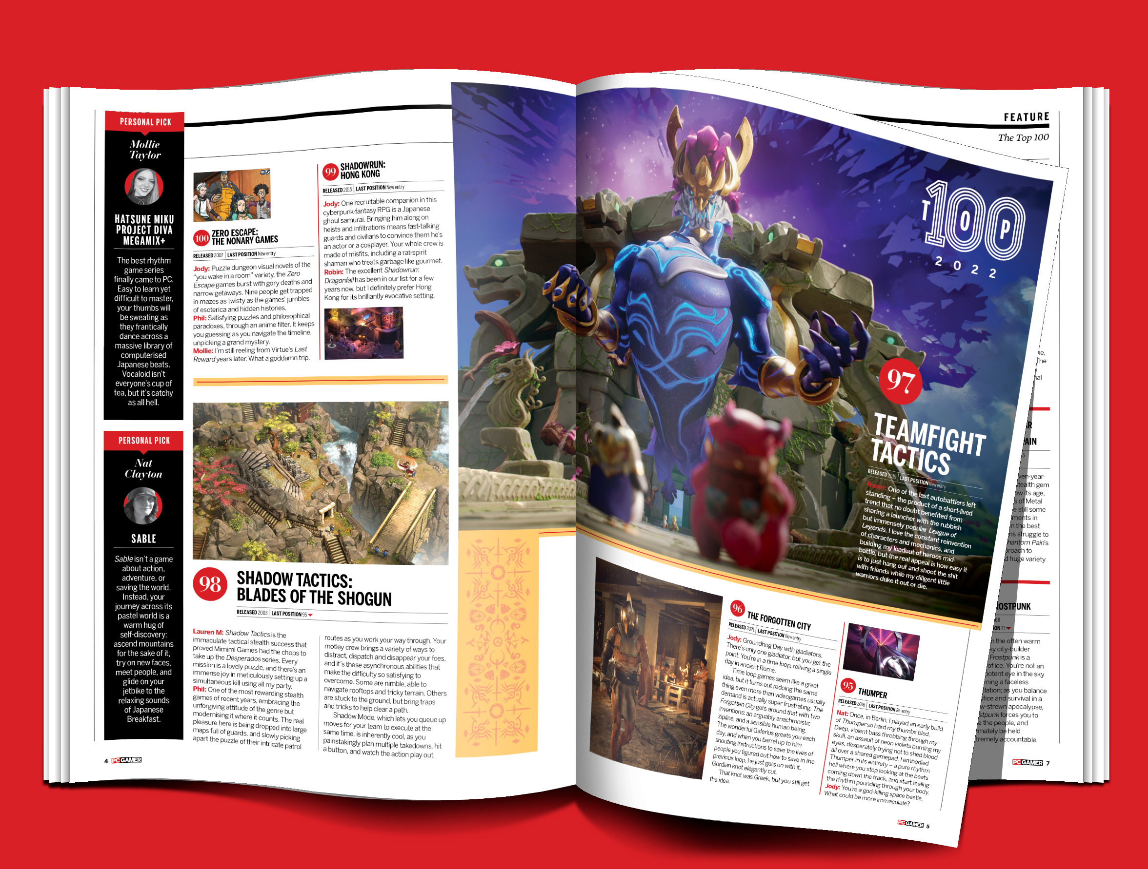 The PC Gamer Top 100 2022, showing games 100 to 93. Two personal picks are on the left-hand side.