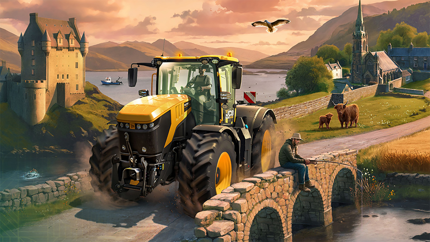 A tractor driving across a bridge where a man is fishing