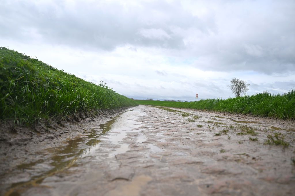 ROUBAIX FRANCE APRIL 04 Detail view of the Solesmes cobblestones sector during the 121st ParisRoubaix 2024 Previews UCIWT on April 04 2024 in Roubaix France Photo by Luc ClaessenGetty Images