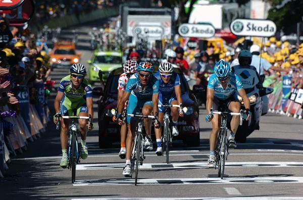 Laurent Lefevre (BBOX Bouygues Telecom) wins the sprint for second ahead of Franco Pellizotti (Liguigas).