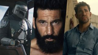 L-R: a collage featuring Din Djarin (Pedro Pascal) from "The Mandalorian and Grogu," a close-up of Frank Castle/The Punisher (Jon Bernthal) from Marvel's "The Punisher: One Last Kill" and Jack Ryan (John Krasinski) in "Tom Clancy's Jack Ryan: Ghost War"