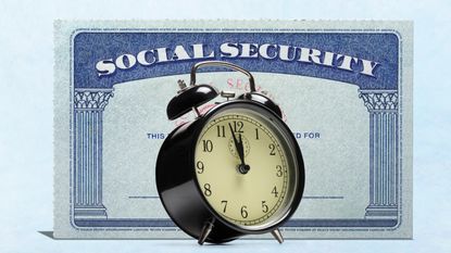 An alarm clock stands in front of a Social Security card.