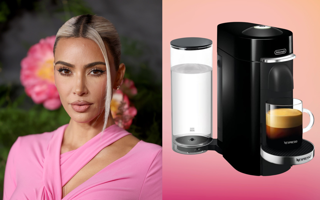 A headshot of Kim Kardashian next to an espresso maker