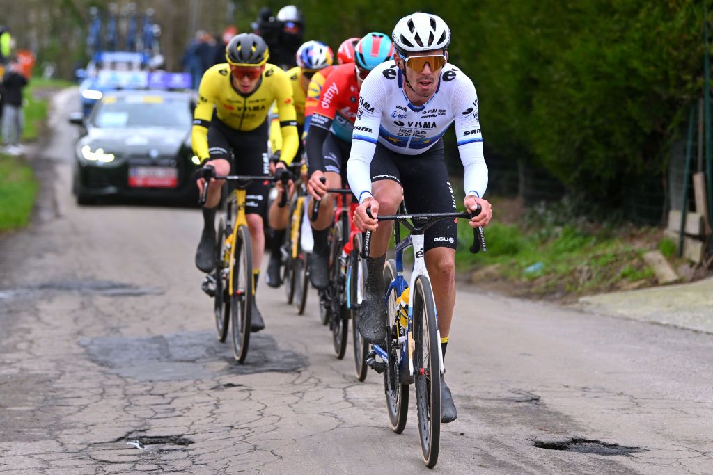 NINOVE BELGIUM FEBRUARY 24 Christophe Laporte of France and Team Visma Lease A Bike competes in the breakaway during the 79th Omloop Het Nieuwsblad 2024 Mens Elite a 2022km one day race from Ghent to Ninove UCIWT on February 24 2024 in Ninove Belgium Photo by Luc ClaessenGetty Images