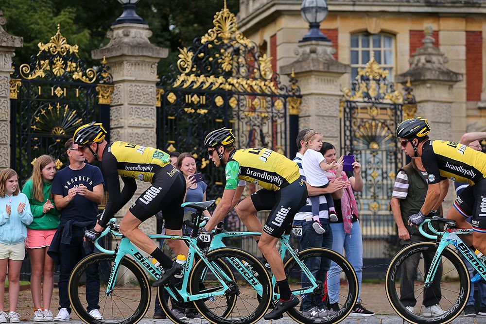Race leader Lars Boom rides among teammates during stage 7 at the Tour of Britain