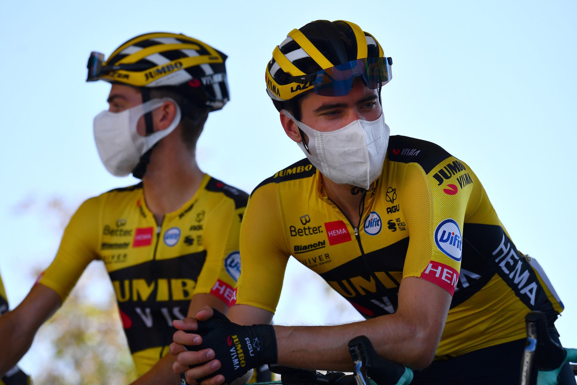 The best road bike helmets are worn by professional riders above is an image of Tom Dumoulin and team mate at at the 2020 Tour de France