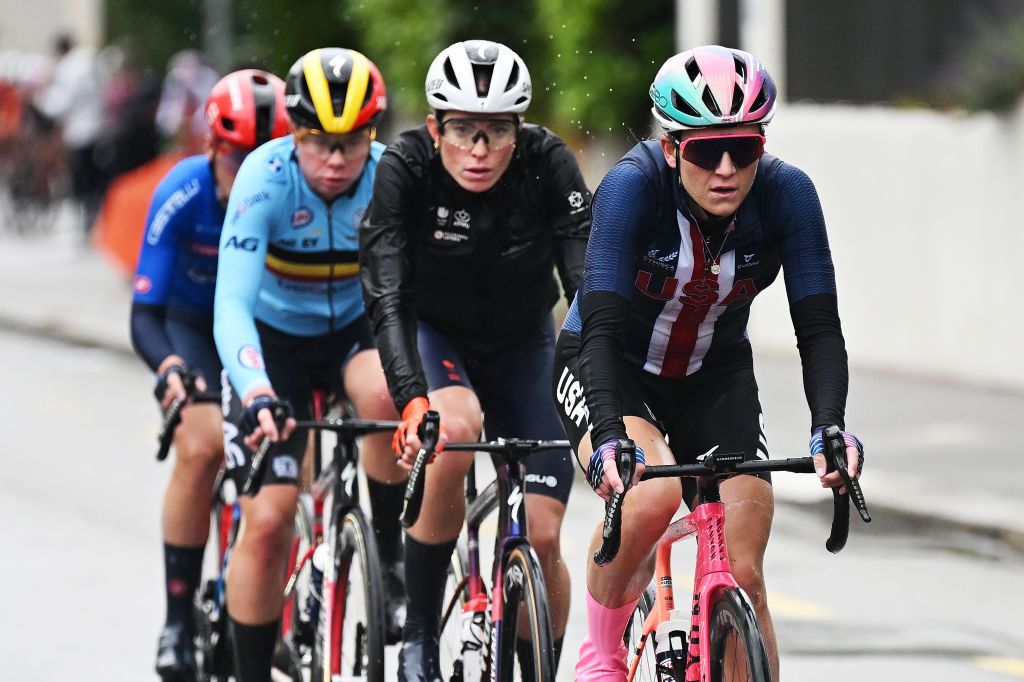 ZURICH SWITZERLAND SEPTEMBER 28 Chloe Dygert of Team United States competes in the breakaway during the 97th UCI Cycling World Championships Zurich 2024 Womens Elite Road Race a 1541km one day race from Uster to Zurich on September 28 2024 in Zurich Switzerland Photo by Tim de WaeleGetty Images